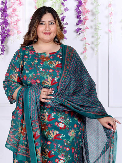 Dhiyona KL Plus Size Floral Printed Regular Pure Cotton Straight Kurta With Trousers & Dupatta