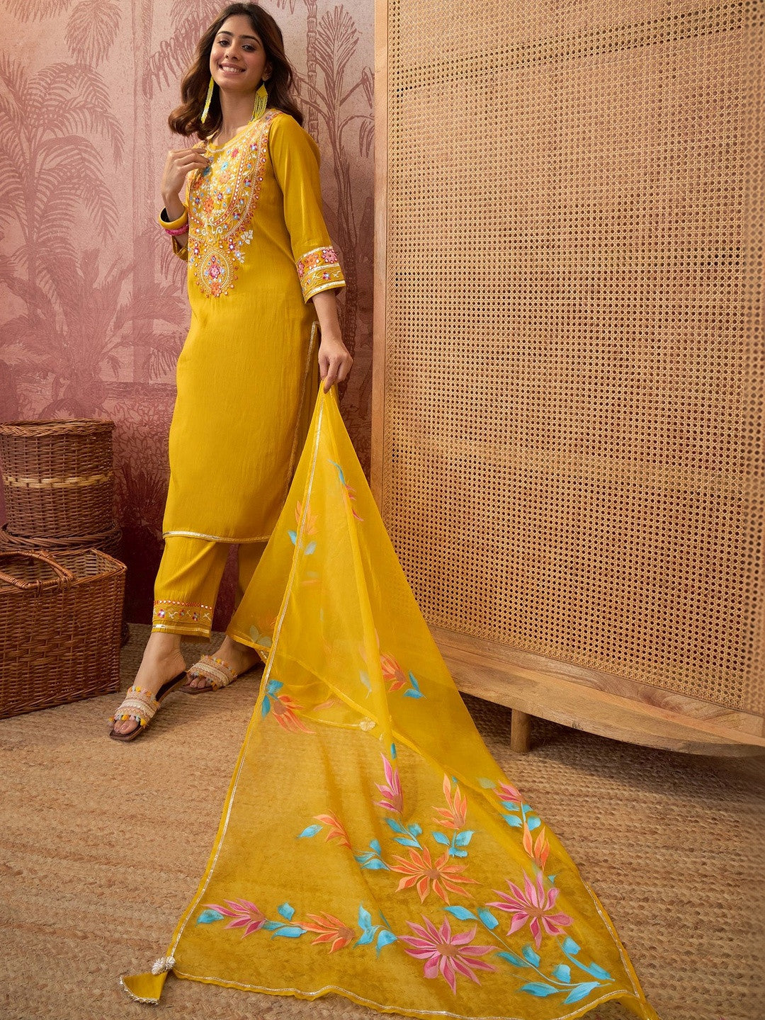 Embroidered Silk Blend Round Neck Kurta & Trousers With Dupatta
