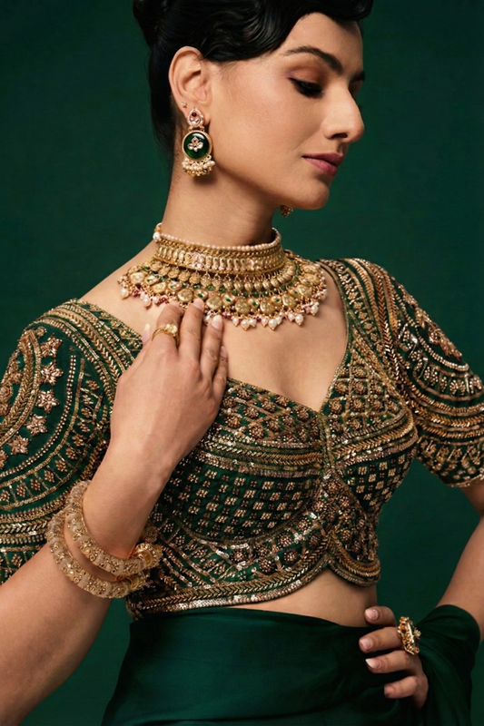 Dhiyona ST Green Hand Embroidered Cut Dana Sabya Blouse – Free-Size Adjustable 32–40 inches | Couture Designer Blouse