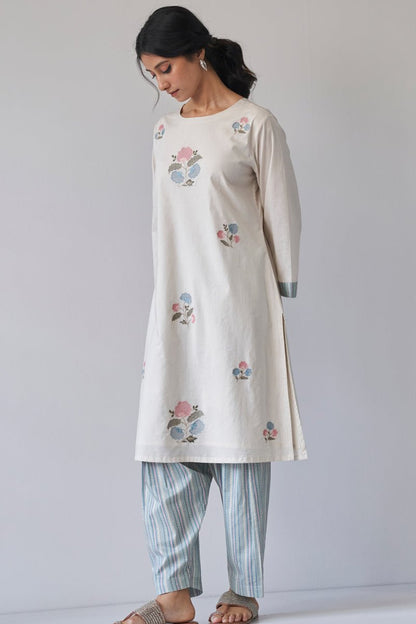 Women's Beige Embroidered Cotton Kurta With Printed Salwar