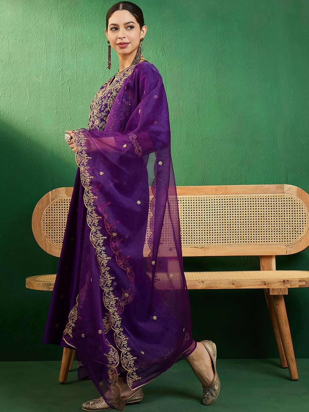 Dhiyona SN Purple Ethnic Motifs Embroidered A-Line Kurta With Palazzo & Dupatta