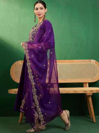 Dhiyona SN Purple Ethnic Motifs Embroidered A-Line Kurta With Palazzo & Dupatta