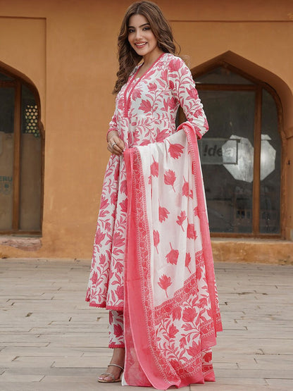 Dhiyona KL Floral Printed Pure Cotton Anarkali Kurta with Trousers & With Dupatta