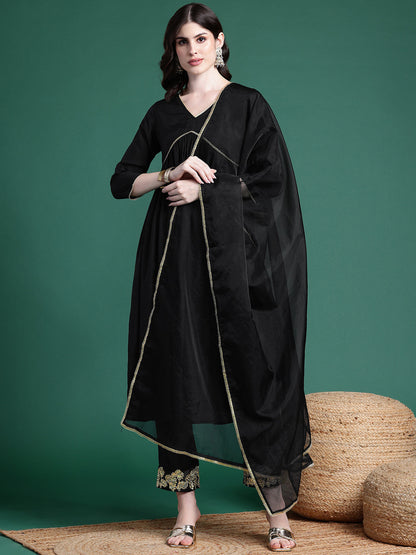 Empire Thread Work Kurta with Trousers & Dupatta
