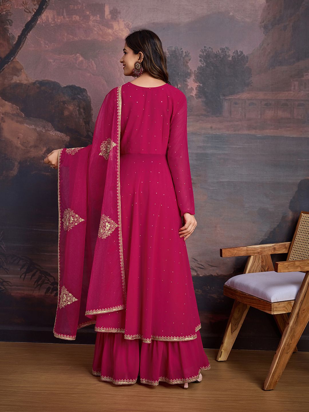 Dhiyona HOP U-Neck Anarkali Georgette Kurta & Sharara WithDupatta