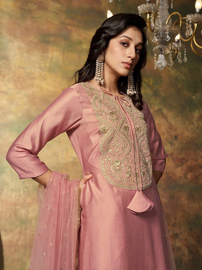 Dhiyona IN Floral Yoke Design Regular Pure Silk Kurta With Palazzos & Dupatta