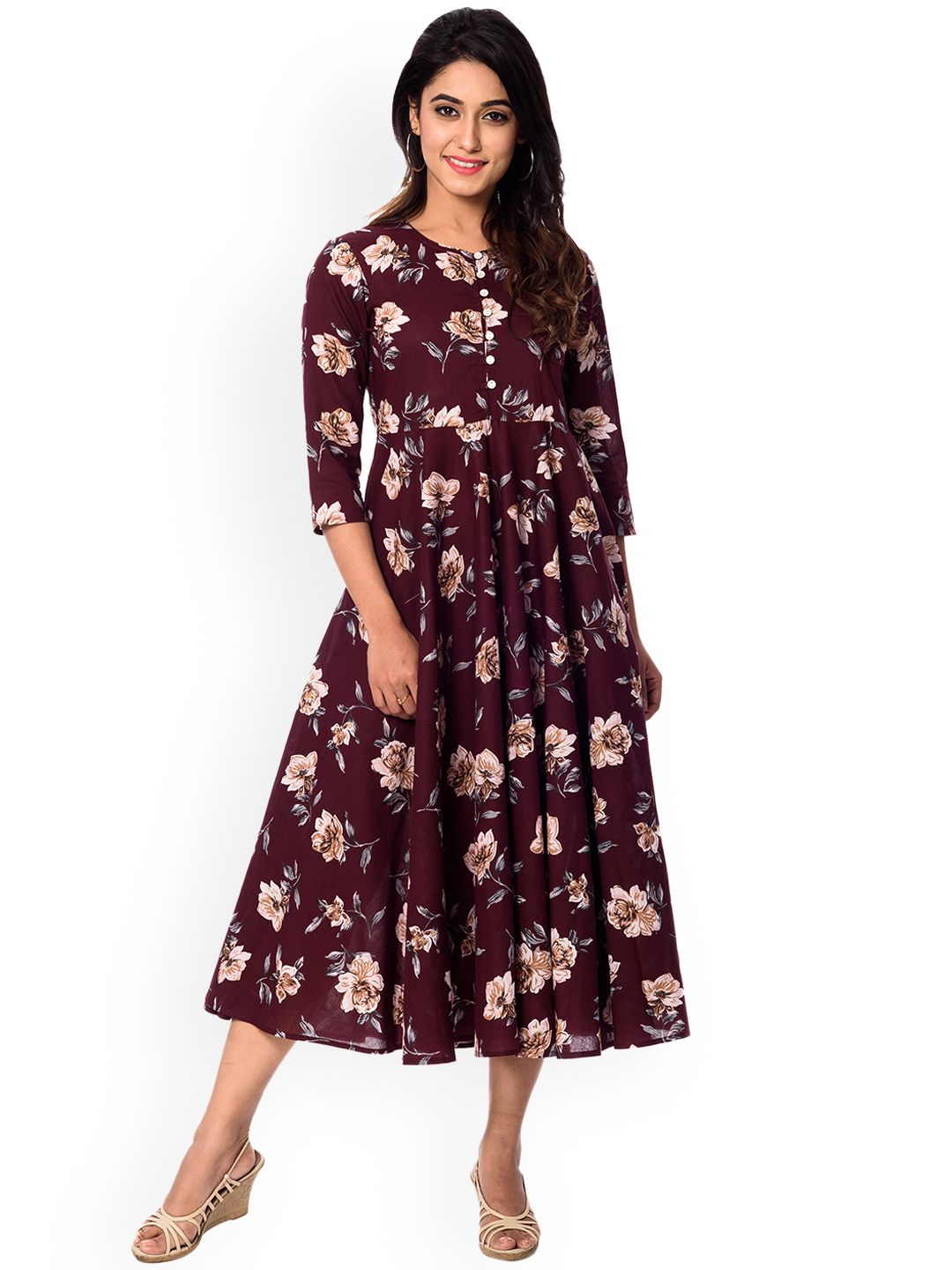 Dhiyona AY Women's Maroon Printed Fit and Flare Dress