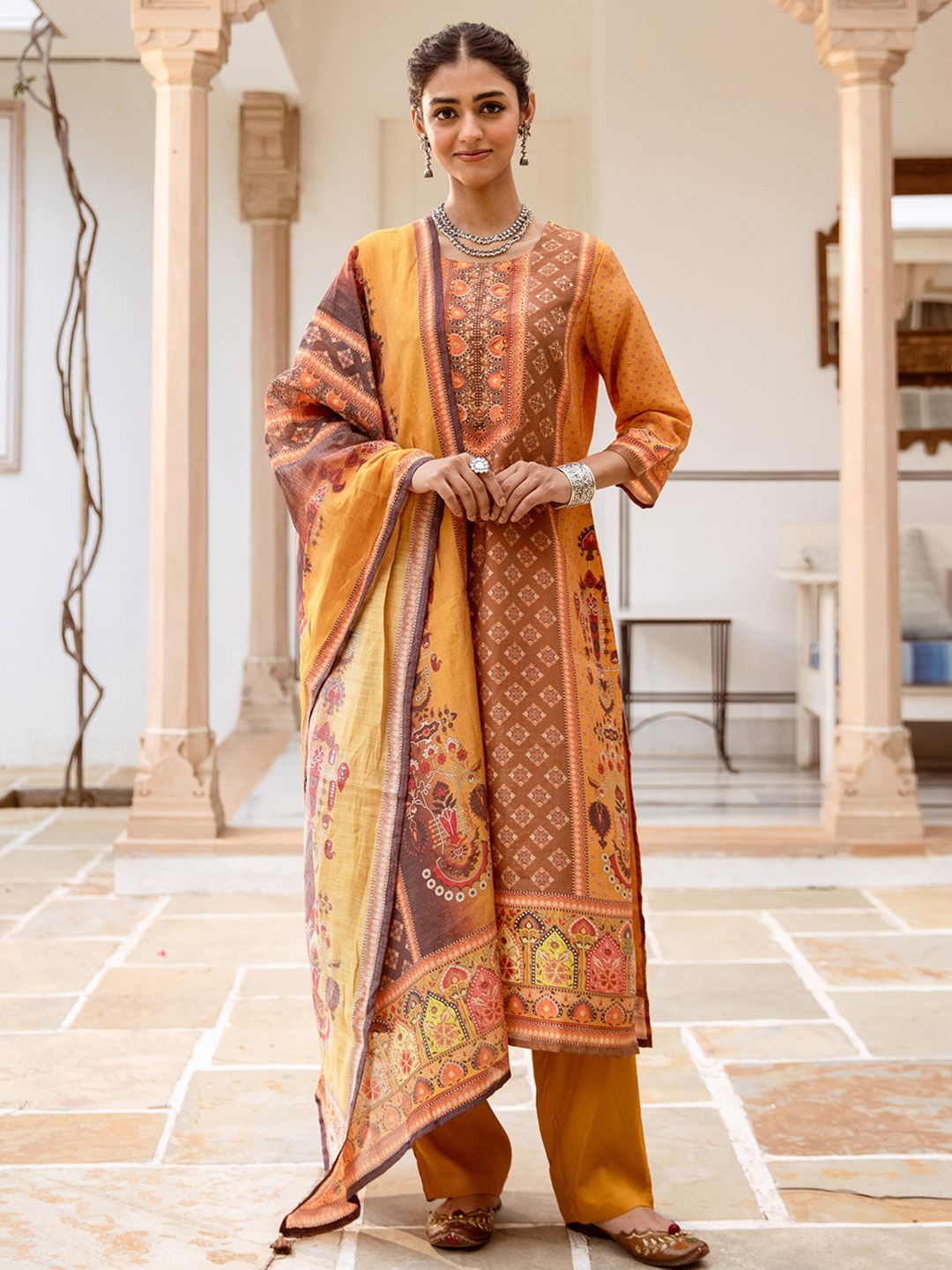 Dhiyona IS Women's Ethnic Motifs Printed Pure Cotton Round Neck Straight Kurta with Trousers & Dupatta