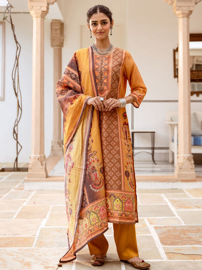 Dhiyona IS Women's Ethnic Motifs Printed Pure Cotton Round Neck Straight Kurta with Trousers & Dupatta