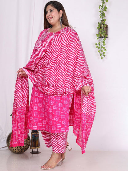 Dhiyona KL Pure Cotton Bandhani Printed Pure Cotton Straight Kurta & Trousers With Dupatta