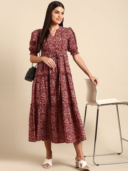 Dhiyona AY Women's Red Floral Ethnic A-Line Cotton Midi Ethnic Dress