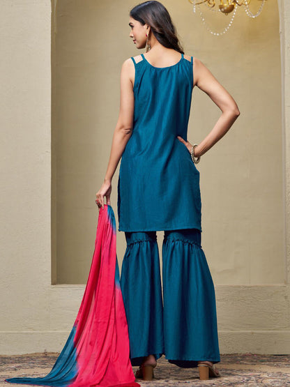 Women Cotton Silk Embroidered Straight Kurta Sharara With Dupatta Set