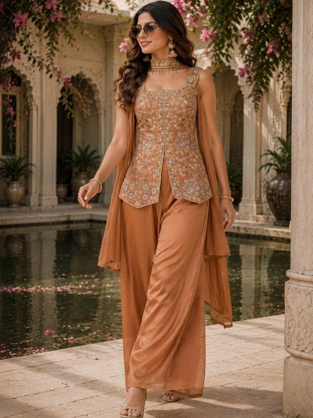 Women Ethnic Motifs Embroidered Angrakha Kurti with Palazzos & With Dupatta