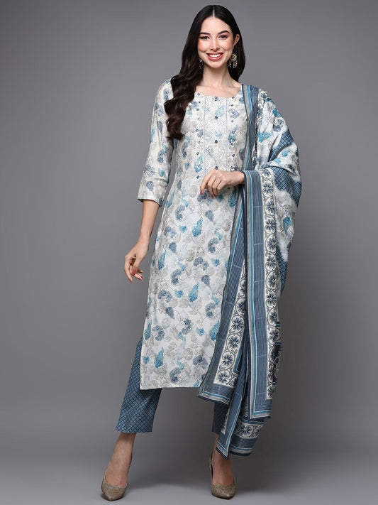 Dhiyona KL Floral Printed Regular Thread Work Kurta With Trousers & Dupatta