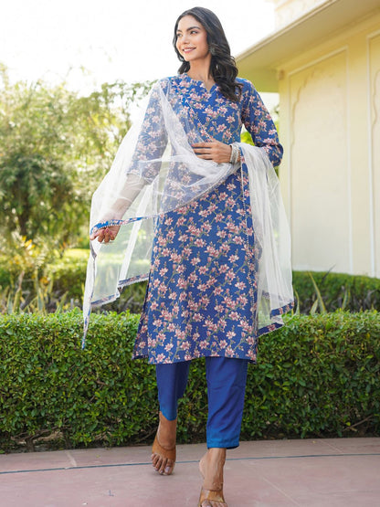 Dhiyona KL Floral Printed Gotta Patti Straight Kurta & Trousers With Dupatta