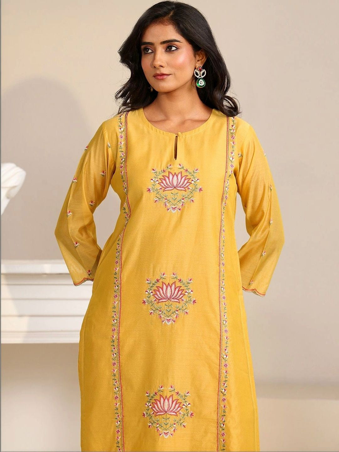 Yellow Lotus Embroidered Chanderi Silk Straight Suit Set