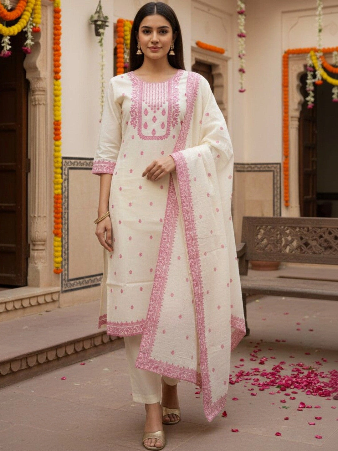 Dhiyona SN Women Regular Pure Cotton Kurta with Trousers & With Dupatta
