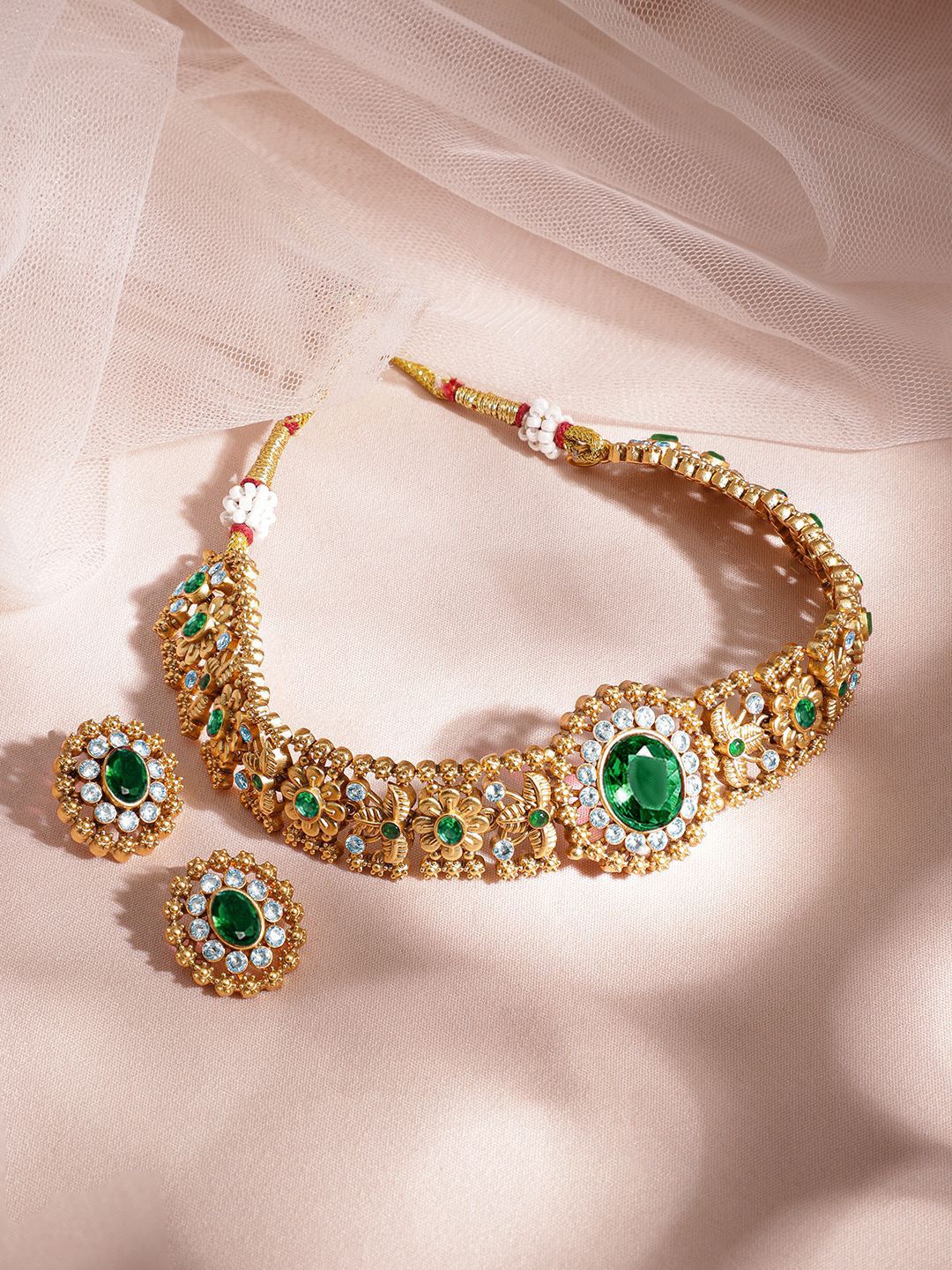 Dhiyona RJ Women's 24K Gold Plated Handcrafted Emerald & Cubic Zicronia Studded Choker Jewellery Set