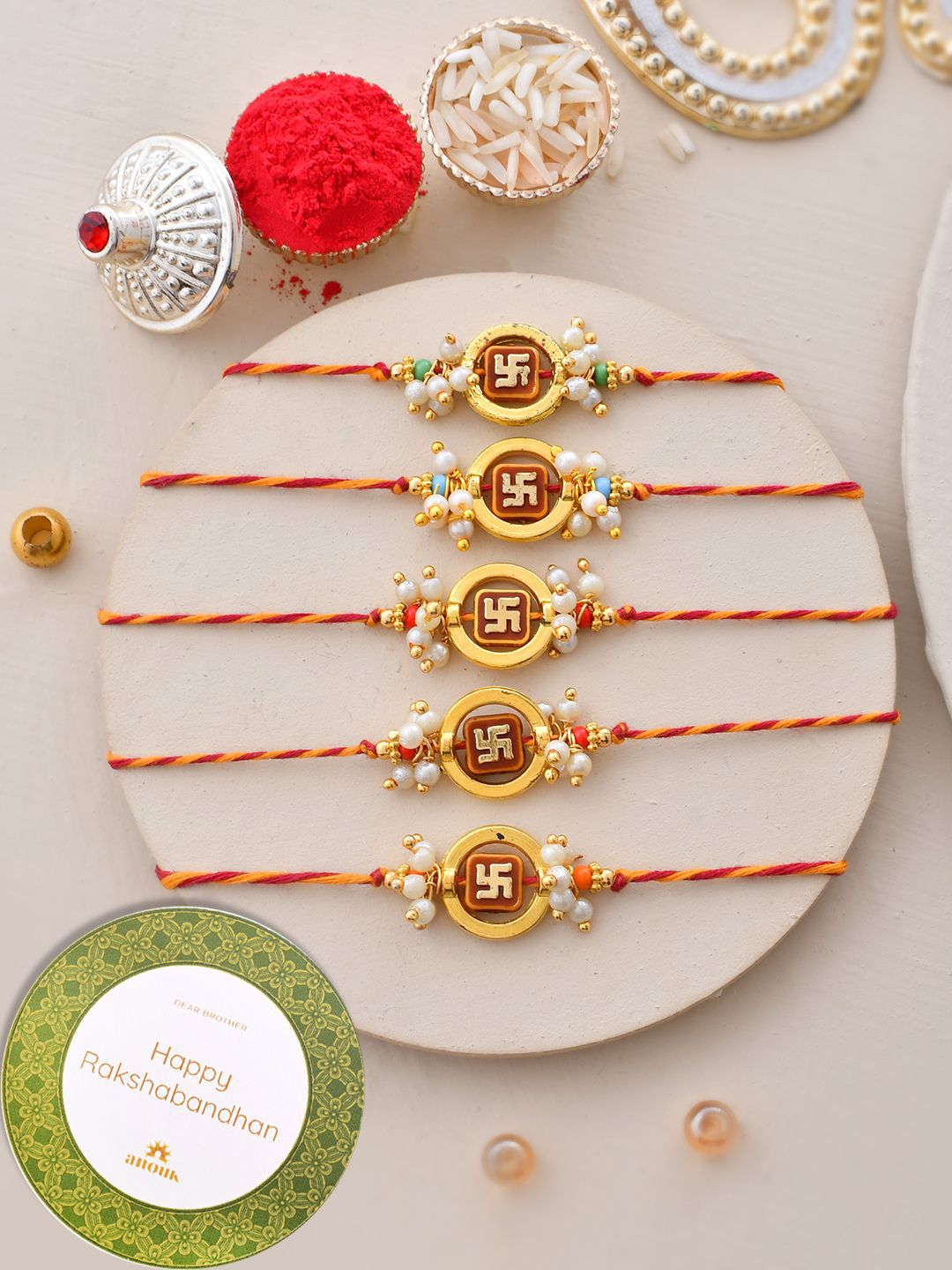 Dhiyona Set of 5 Gold-Toned Beaded Thread Rakhi