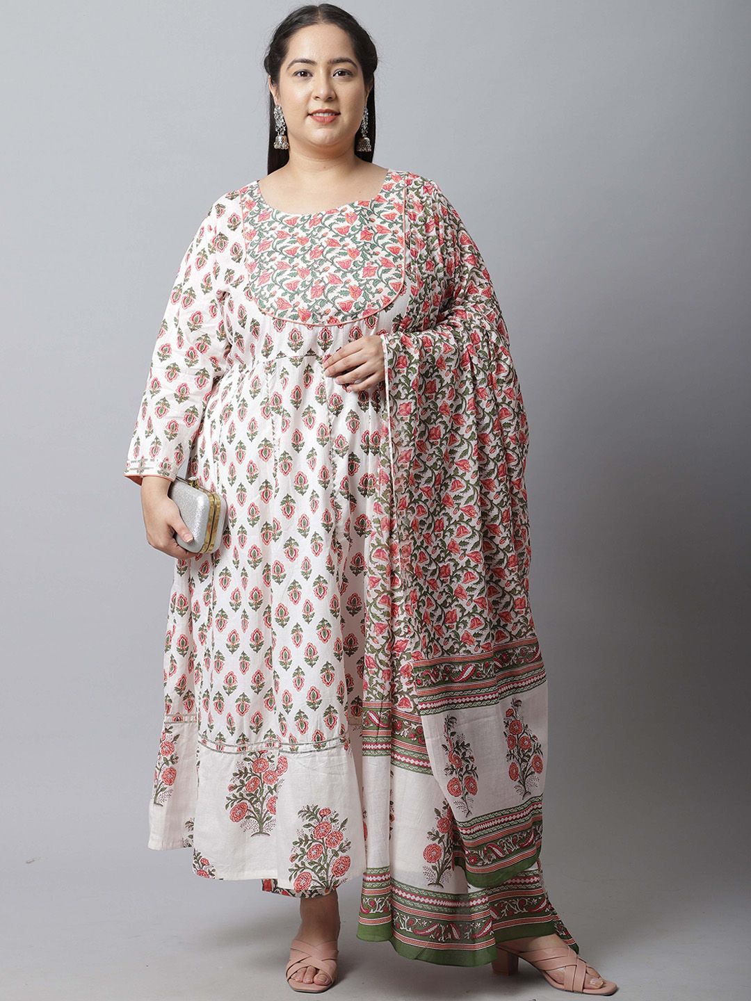 Dhiyona KL Floral Printed Pure Cotton Anarkali Kurta With Trousers & Dupatta