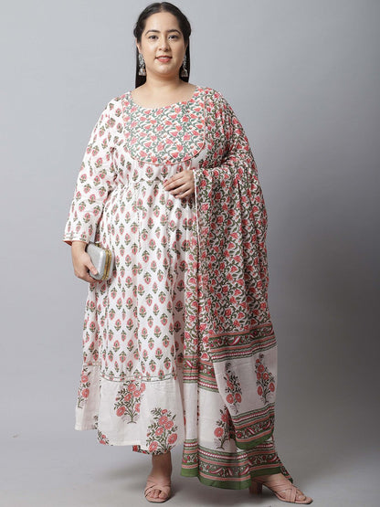 Dhiyona KL Floral Printed Pure Cotton Anarkali Kurta With Trousers & Dupatta