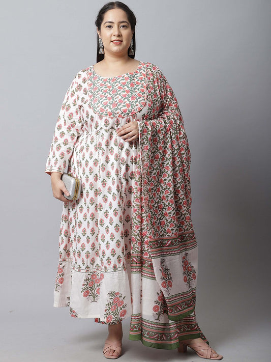 Dhiyona KL Floral Printed Pure Cotton Anarkali Kurta With Trousers & Dupatta