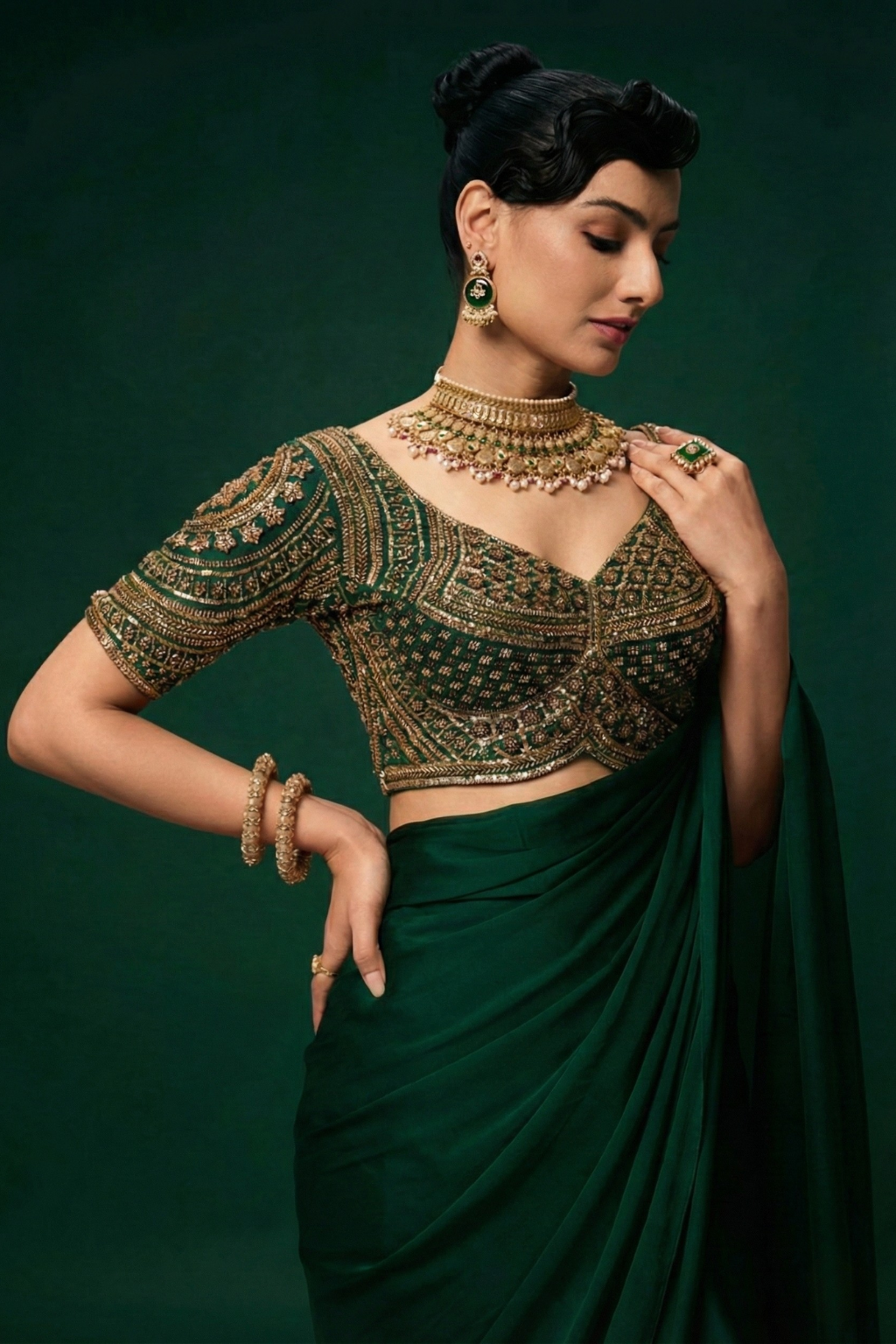 Dhiyona ST Green Hand Embroidered Cut Dana Sabya Blouse – Free-Size Adjustable 32–40 inches | Couture Designer Blouse
