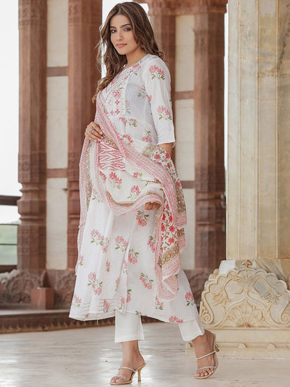 Dhiyona KL Ethnic Motifs Printed Empire Thread Work Pure Cotton Kurta & Trousers With Dupatta