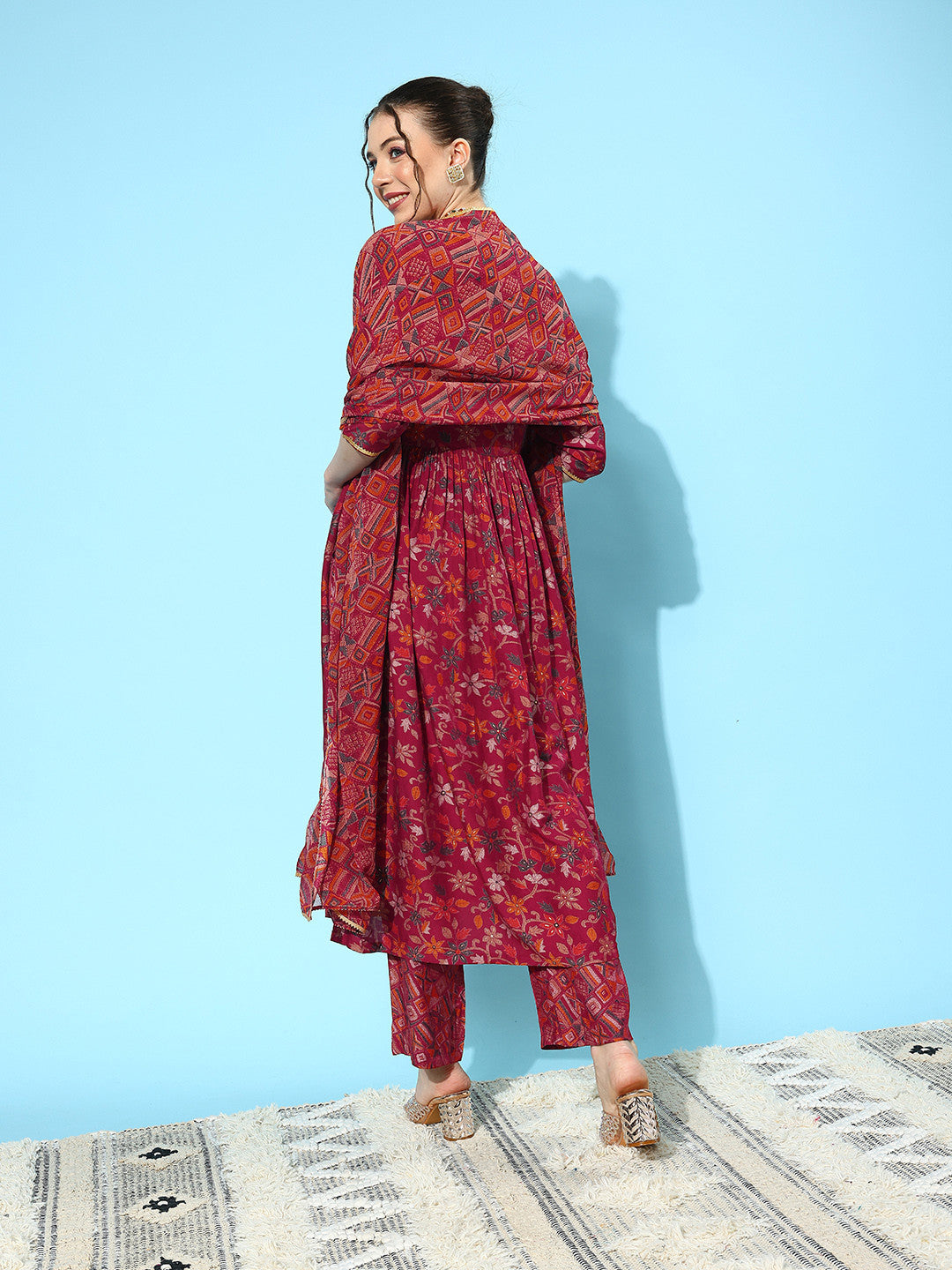 Alia Cut Floral Printed High Slit Gotta Patti Kurta with Trousers & Dupatta