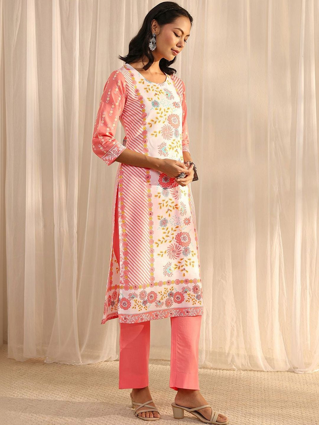 Libas Peach Floral Printed Straight Suit Set with Dupatta