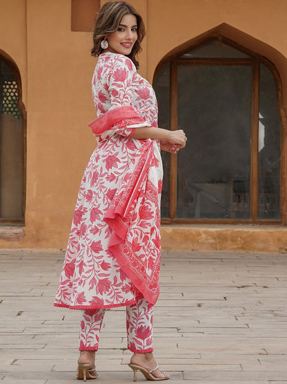 Dhiyona KL Floral Printed Pure Cotton Anarkali Kurta with Trousers & With Dupatta
