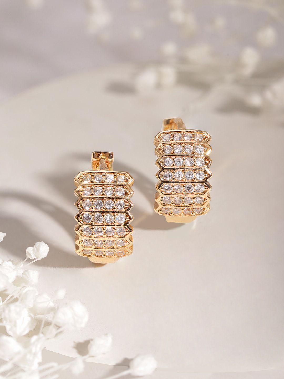 Dhiyona RJ Women's 22KT Gold Plated American Diamond Studded Semi Hoop Earrings