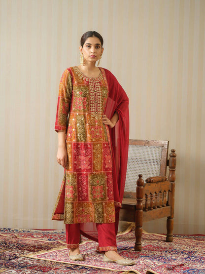 Dhiyona IS Women's Bandhani Printed Sequinned Round Neck Pure Silk Kurta with Trousers & Dupatta