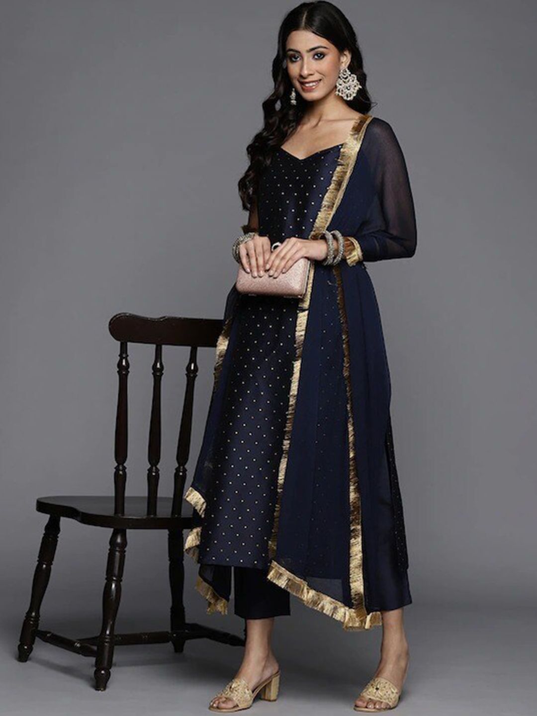 Dhiyona VA Women's Navy Blue Printed Kurta with Trousers & Dupatta