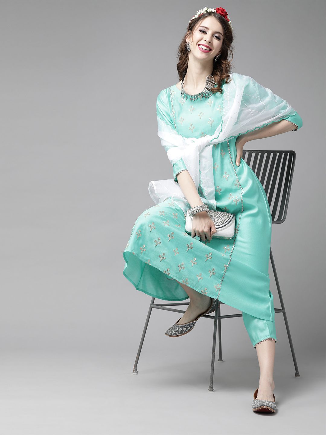 Dhiyona IE Women Sea Green & Golden Embroidered Kurta with Trousers & Dupatta