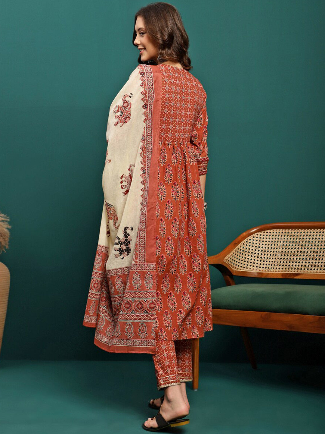 Printed & Embroidered Anarkali Kurta With Trouser & Dupatta Set