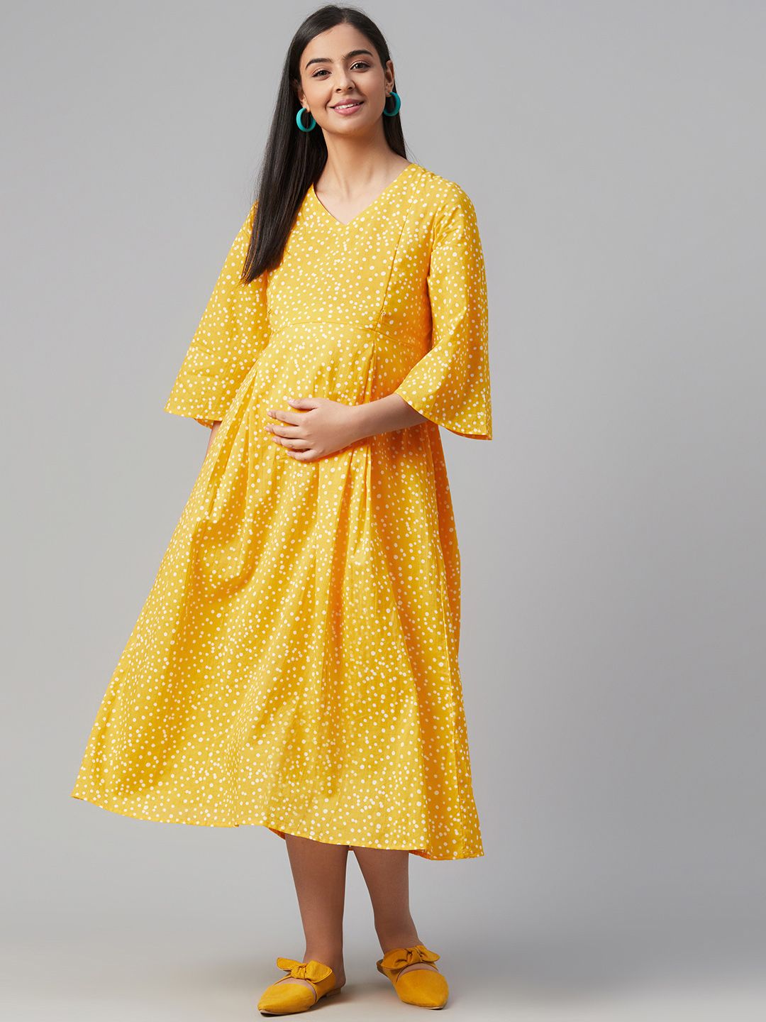 Dhiyona AY Women's Yellow & White Polka Dots Printed A-Line Maternity Dress
