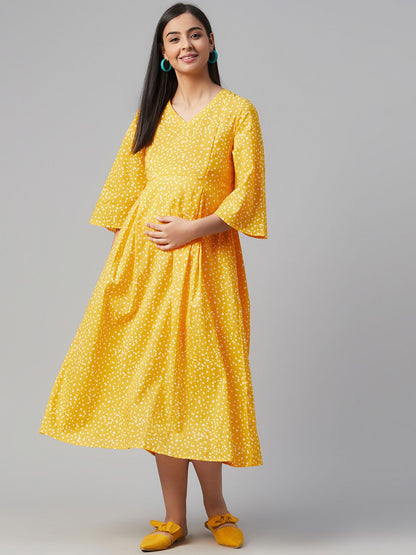 Dhiyona AY Women's Yellow & White Polka Dots Printed A-Line Maternity Dress