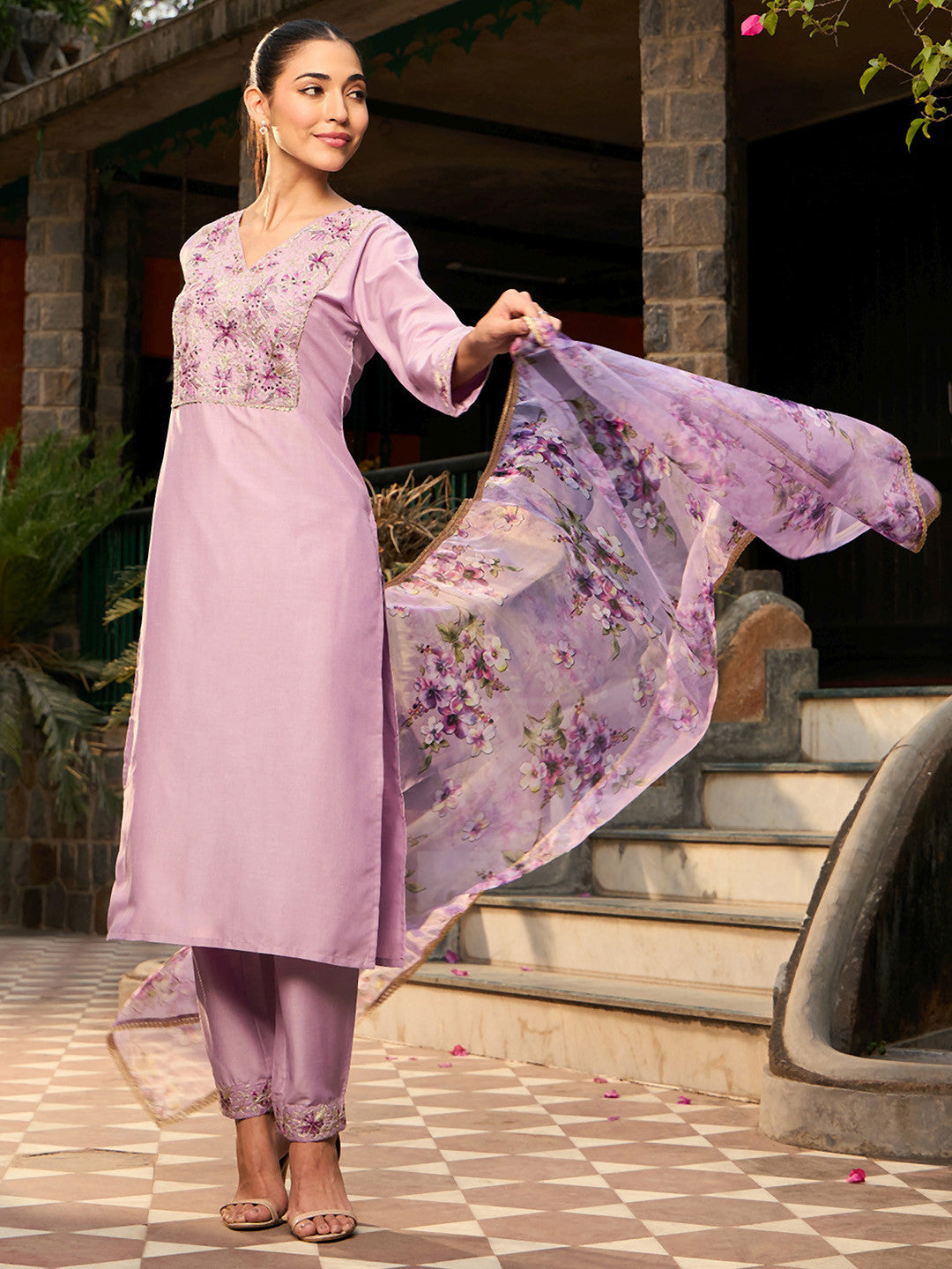 V Neck Ethnic Motifs Embroidered Regular Kurta with Trouser & Dupatta