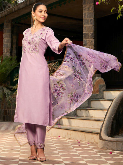 V Neck Ethnic Motifs Embroidered Regular Kurta with Trouser & Dupatta