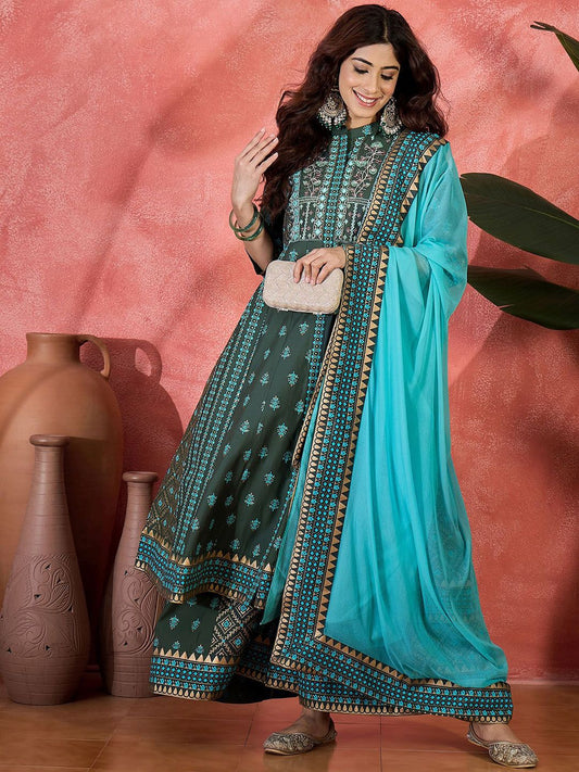 Dhiyona SN Embroidered & Block Printed Anarkali Kurta & Palazzo With Dupatta
