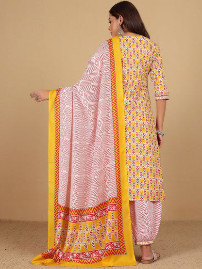 Yellow Floral Printed Notch Neck Straight Kurta With Salwar And Dupatta