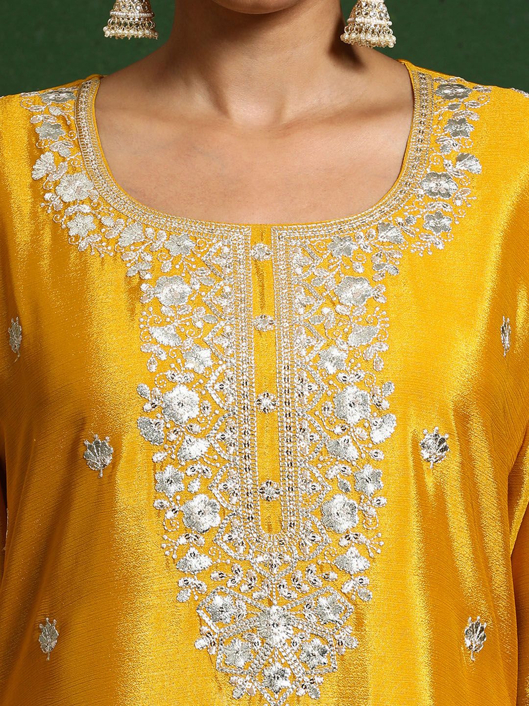 Dhiyona VA Floral Embroidered Zari Work Straight Kurta With Palazzos & Dupatta
