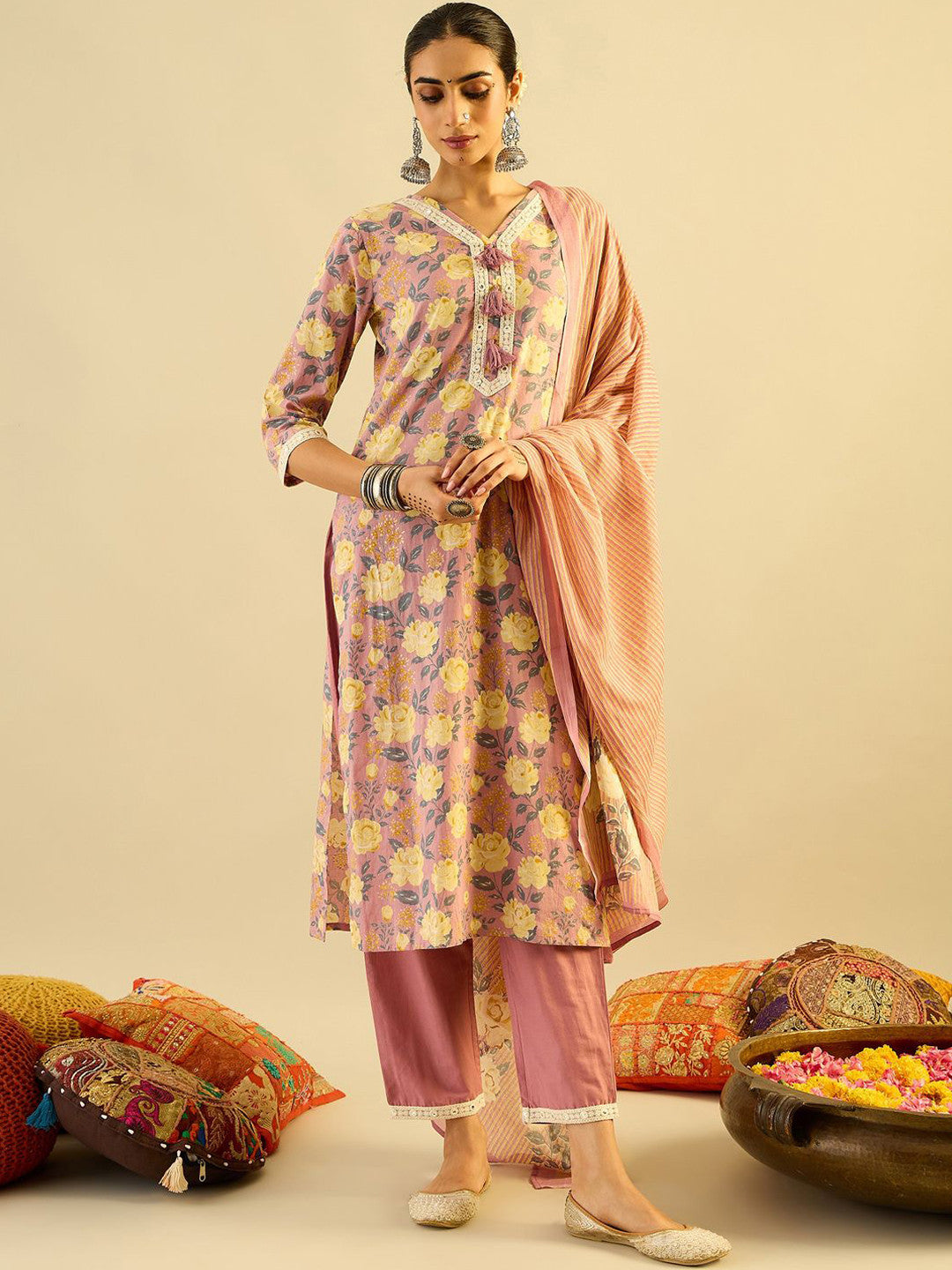 Floral Printed Pure Cotton Kurta With Trousers & Dupatta