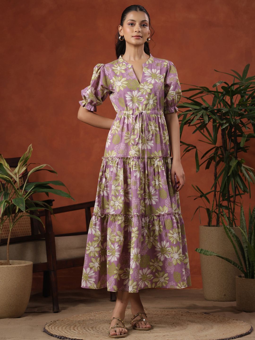 Dhiyona AY Women's Floral Print Tie-Up Tiered Cotton Maxi Fit & Flare Dress