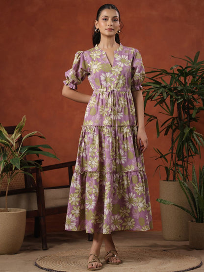 Dhiyona AY Women's Floral Print Tie-Up Tiered Cotton Maxi Fit & Flare Dress