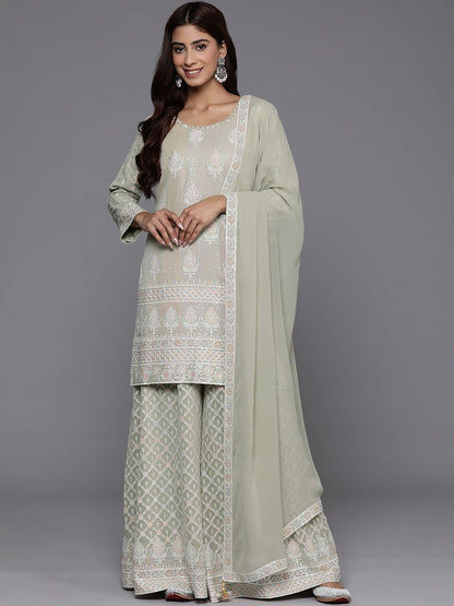 Dhiyona LL Floral Regular Sequinned Kurti with Palazzos & Dupatta
