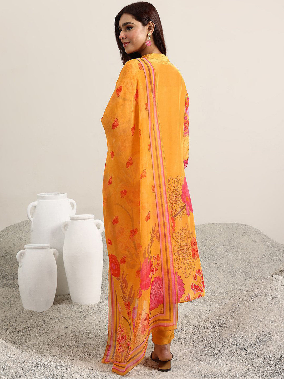 Floral Printed Beads and Stones Work V Neck Straight Kurta With Trousers And Dupatta