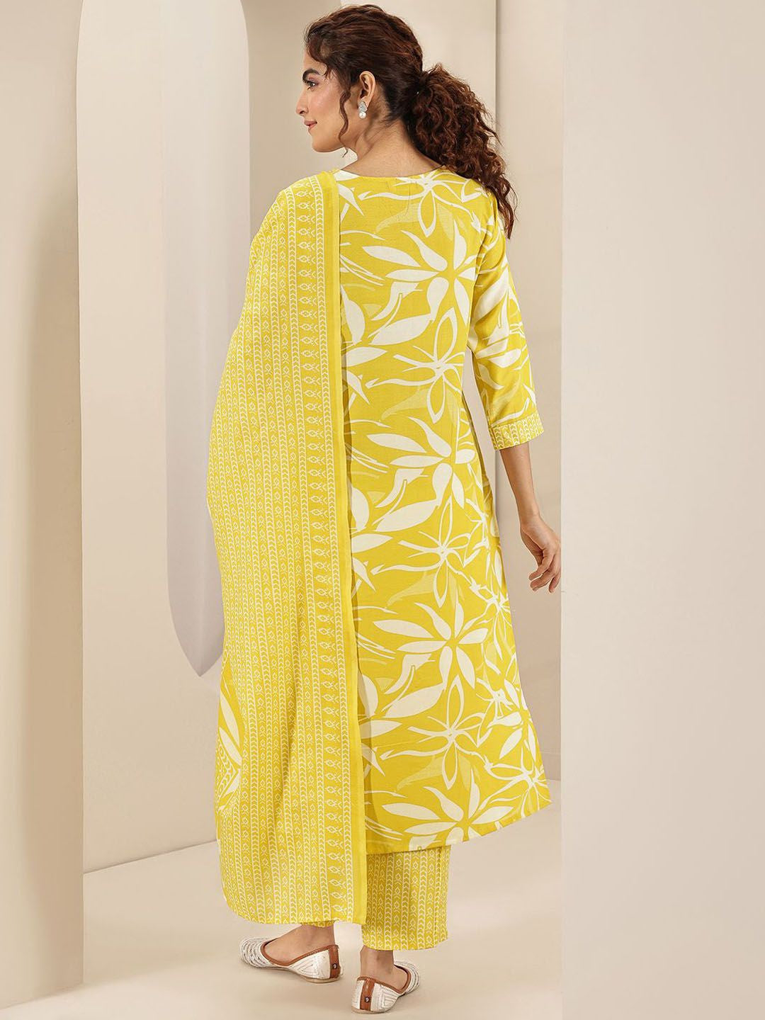 Floral Printed V Neck Thread Work Straight Kurta With Trousers & Dupatta