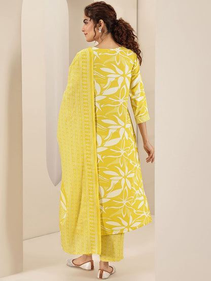Floral Printed V Neck Thread Work Straight Kurta With Trousers & Dupatta